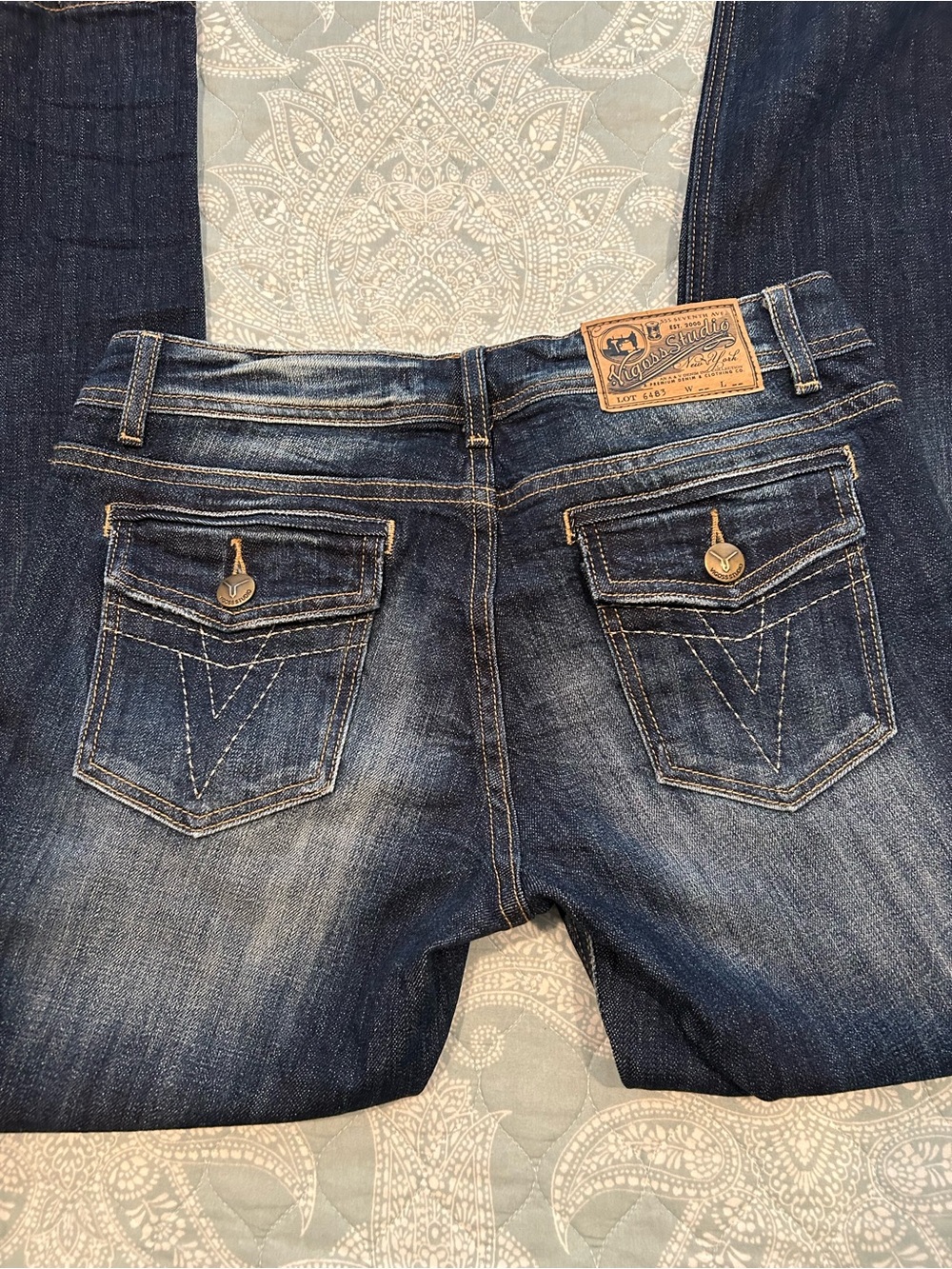 Vigoss Women's Straight Cut Jeans in Dark Blue Wash with Flap Back Pockets